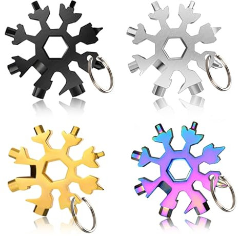 4 Stücke Edelstahl Schneeflocken Multifunktionswerkzeug,18 in 1 Schneeflocken Multitool,Tragbares Schneeflocken-Werkzeug Mit Schlüsselanhänger,Für Outdoor-Reisen Camping Tägliche Werkzeuge.
