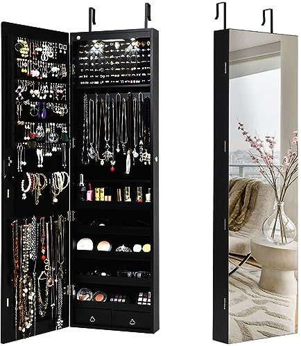 HOMASIS Miroir Boîte à bijoux mural et porte, armoire à bijoux avec fermeture et lumières LED, miroir boîte à bijoux avec 2 tiroirs pour anneaux, boucles d'oreilles, 35,5 x 10 x 120 cm (Noir)
