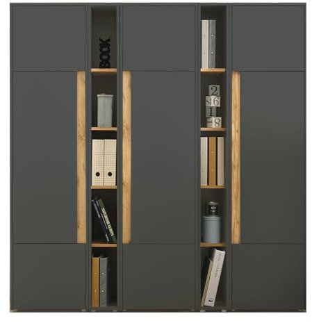 Aktenschrank Set in grau matt und Wotan Eiche 3X Stauraumschrank und 2X Regal für Homeoffice Büroschrank Hochschrank Ordnerschrank groß modern 190 x 200 cm Center (Set 5)