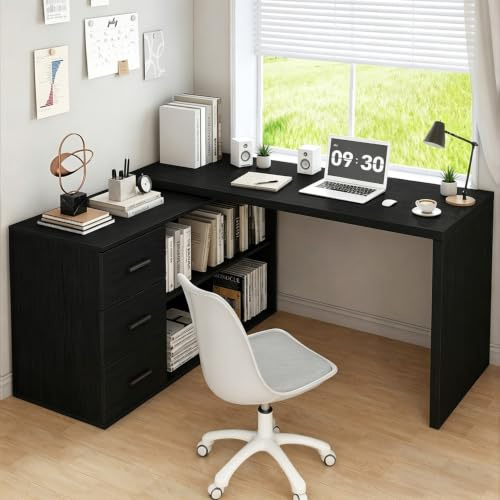 HSH 150 cm Eckschreibtisch Schwarz Schreibtisch L Form mit Stauraum | Schreibtische mit Schubladen Regalen Großer Wendbarer Bürotisch Computertisch Workstation für Arbeit Studium