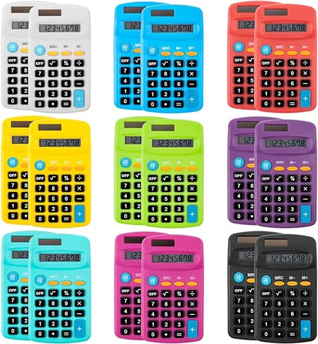 18 Pieces Pocket Size Calculator 8 Digit Display Basic Calculator Solar Battery Dual Power Mini Calculator for Desktop Home Office School Students Kids, 9 Colors