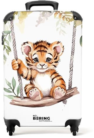 NoBoringSuitcases.com® Koffer Kinder Groß 67x43x25 cm Kinderreisekoffer Kinderkoffer mit Roller Leicht Trolly Große M Hartschalenkoffer Kind Tiger - Schaukel - Blätter