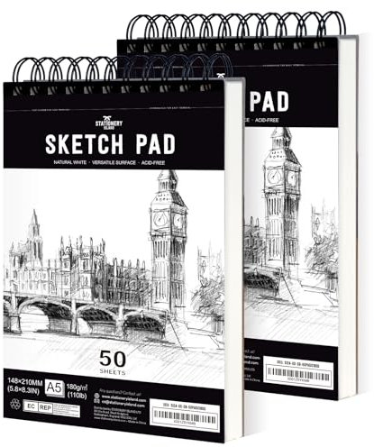 STATIONERY ISLAND Skizzenbuch, A5 Zeichenblock 180 g/m² Dickes Papier, 100 Seiten / 50 Bögen*2 Spiralgebundenes DIN Sketchbook 2 Packungen