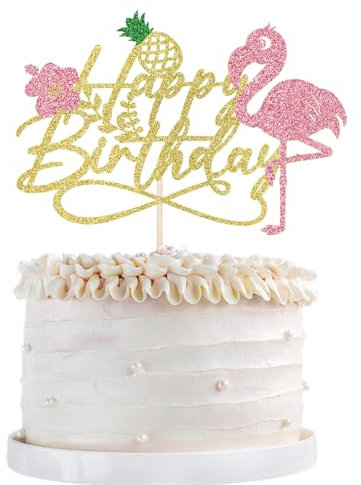 1 x Flamingo-Kuchenaufsatz Happy Birthday, glitzernde Palme, Schildkröte, Blatt, Blume, Ananas, Flamingo, Kuchendekoration, tropisches hawaiianisches Luau-Thema, Babyparty, Jungen, Mädchen,