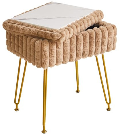 IBUYKE Rectangle Vanity Chair with Storage Space, Footrest Footstool Ottoman, Vanity Stool, Dressing Table Chair, with Anti-Slip Feet, for Makeup Room, Bedroom, Square grid pattern, Khaki WBD004K