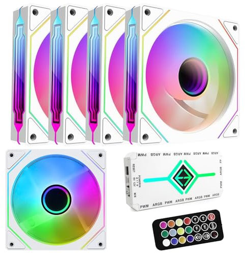 RGB Fans:5pack 120mm PWM ARGB Case Fan with Fan Hub and Remote,Speed Control,PWM Control Fan for Computer Case and Liquid Cooling System,White