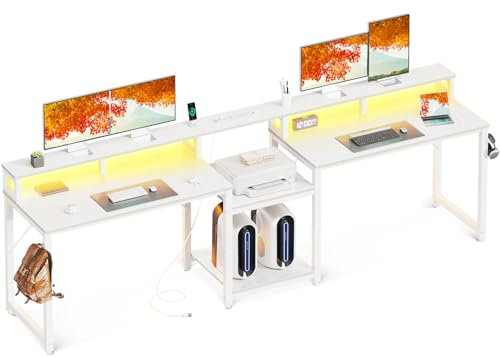 Coleshome 98 Inch 2 Person Computer Desk with Storage Shelves- Long Double Home Office Desks with USB Charging Port & LED Lights, Writing Desk with Monitor Stand, Modern Study/Work Table, White