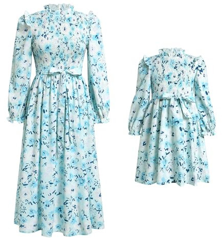 IDOPIP Mama und ich Kleider Boho Freizeitkleid Mutter Tochter Maxikleid Langarm Strandkleid Frauen Mädchen Herbstkleid Winter Familie Passendes Outfit Mommy and me Dress blau 2XL
