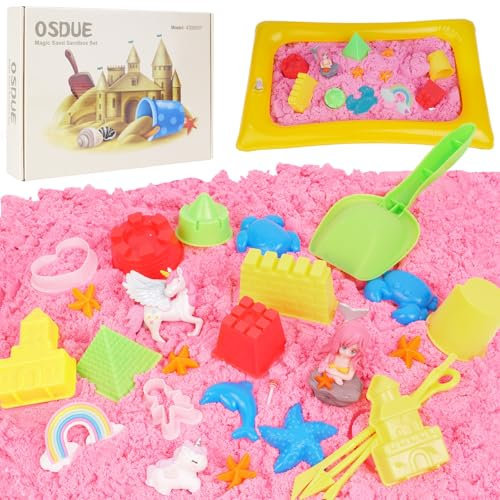 OSDUE Coffre Sable Magique Enfant, 1 kg de Sable Magique pour Les Enfants Rose de Sable, Bac à Sable Magique, Coloré Sable, Jouet Sensoriel de Sable Cadeau d'anniversaire Enfant avec 32 Moules