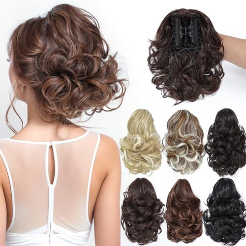 PARXITN Ponytail Extension 20cm Kurz Gelockt Gewellt Karamell Claw Clip in Synthetik Haarteil Pferdeschwanz Haarverlängerungen Zopf