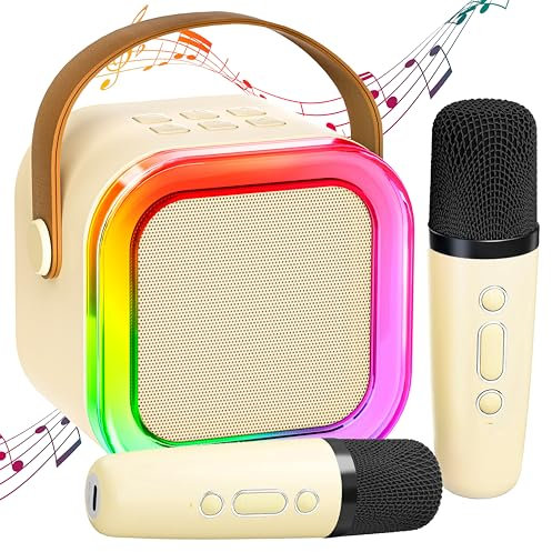 Kids Karaoke Machine 2 Microphones: Gift for Girls Birthday Present - Mini Karaoke Machine with Karaoke Wireless Microphones - Portable Musical Kids' Electronic Games Toy for Ages 3-12 - Beige 2 Mics