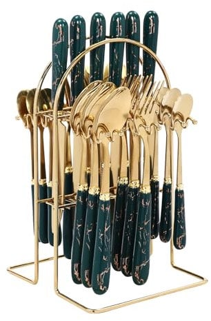 24 Pieces Cutlery Set with Holder, Stainless Steel Knife Fork Spoon Flatware Set for 6 People, Hanging Cutlery Set with Stand, Polishing Flatware Set Service for Home Restaurant, Gold Green