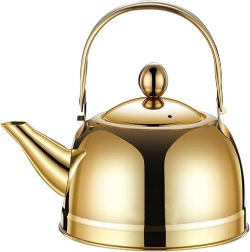 Stovetop - Bollitore da tè con infusore, in acciaio inox, teiera vintage per fornello a gas, fornello elettrico, bollitore veloce e manico pieghevole, oro (2,4 L)