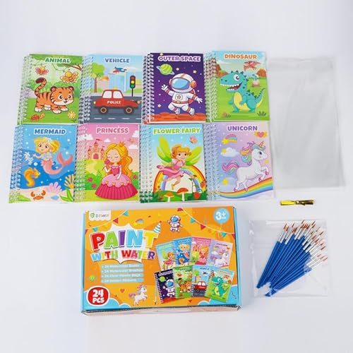 D-FantiX 24 Stück Malbuch mit Wasserfarben für Kinder ab 3-8 Jahren, mitgebsel kindergeburtstag Wassermalbuch für Kleinkinder, kindergeburtstag gastgeschenke Aquarell-Malpapier für Jungen Mädchen