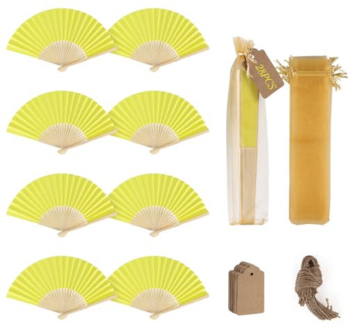 SWAWIS 28 Stück Fächer Hochzeit Gelb Handfächer Fecher Faltbare mit Organzasäckchen und DIY Etiketten Papierfächer für eine Abkühlung im Sommer Hochzeit Geburttag Party Taufe Gastgeschenk