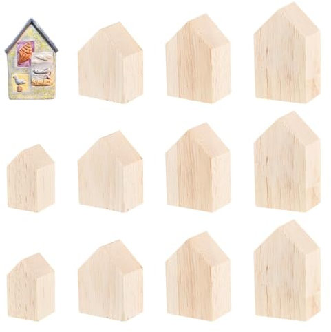 12 Pcs Unfinished Wooden House Block Craft, 4 Sizes Small Arrow Shape Wooden Blocks Blank Mini House Wooden Craft Shapes for Crafts Sign Decoration DIY