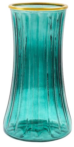 Gemsaya Vase Grün, Modern Blumenvase with Schlanke Taille, 23.5cm Hoch Verdickt Glasvasen für Tischdeko, Vintage-gestreifte Vase Glas für Home, Office, Hochzeit, Party Dekor, Geschenk