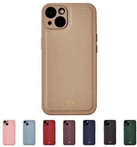 Tirita Personalised Leather Phone Case for iPhone 14 Pro Max – Leather Beige Case or Cover With Custom Initials – Cute Personalised Gift for Men or Women [13. Beige Gold Embossed Initials]