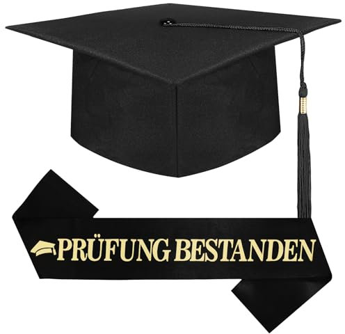 Bachelor Hut mit Prüfung Bestanden Schärpe,Verstellbar Doktorhut Abschluss Hut Unisex, Graduation Deko Set, Geschenk bei Prüfungen Abschlussfeier Uni Universität Hochschule, Graduation Party Deko