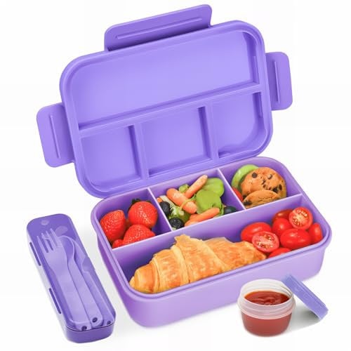 Bugucat Brotdose mit Fächern 1300ML,Lunchbox Kinder Auslaufsicher mit Fächern,Lunch Box Bento Box mit Fächern für Kinder und Erwachsene,Vesperdose Frühstücksbox für Jungen&Mädchen,Lila