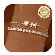 LOLIAS Armband Damen Gold - 925 Sterling Silber Fußkettchen Tennis Armband Personalisiert mit Herz Buchstaben Anhänger Layered Armband Fußkettchen Sommer Strand Fuß Geschenke Schmuck M