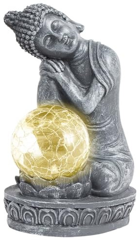 Lightware Solar Buddha Garden Light - 20cm Outdoor Statue with Soft White LED Glow - Weatherproof Garden Ornament for Patio, Decking & Balcony - Solar Powered Decorative Buddha Statue - Grey, 20cm