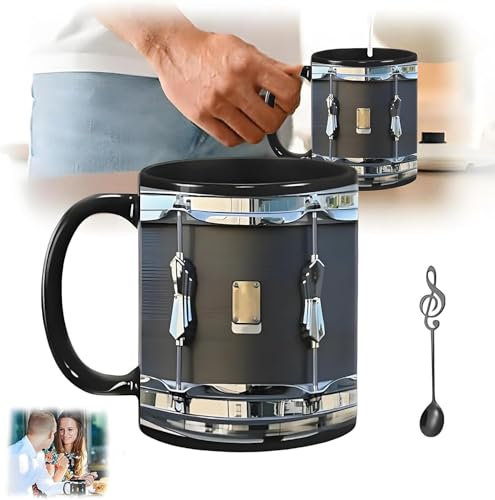 AGARES Funny Black Vintage Drum Mug, Ceramic Coffee Cup Designed as Drummer Gifts, Unique Vintage Coffee Mug, Black Ceramic Cup Ideal for Musicians, Coffees Lovers, or Office Display
