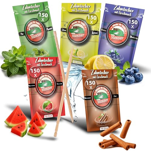 Stoxser 750x Zahnstocher mit Geschmack 5er Pack Zimt und Blaubeere und Zitrone/Lemon und Mint/Menthol und Wassermelone Geschmacksrevolution Zahnstocher Geschmack Kein Kaugummi Zuckerfrei