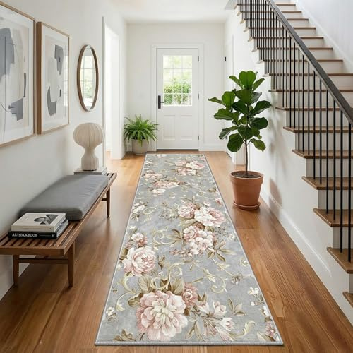 Kurzflor Läufer Teppich für Flur 80x300cm Rutschfest Vintage Grau Flur Runner Teppiche Waschbare Rosa Blumen Blätter Muster für Kitchen Runner Teppiche,Schlafzimmer,Eingangsbereich,Wäsche Daneben