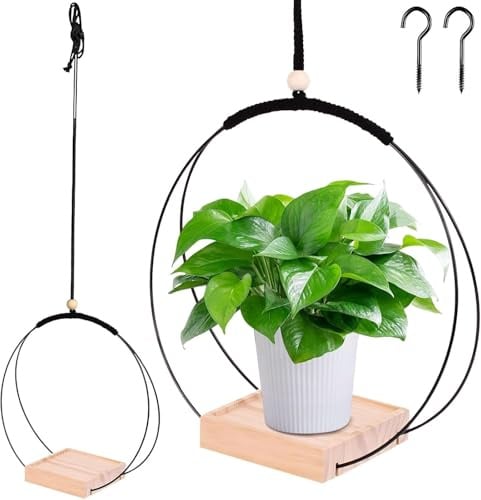 2 Stück Blumenampel Hängend für Innen, Metallring mit Holzsockel, Hängender Blumentopf für Pflanzen,Hängeampel für Wohnzimmer, Schlafzimmer, Bad, Küche und Balkon,Aufhängehaken inklusive, Geschenkidee