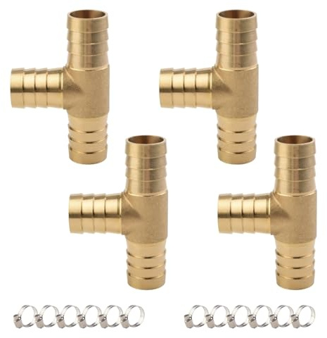 ANGEEK 4 Pièces Raccord Barbelé en T 3 Voies en Laiton 19mm pour Arrosage et Air Comprimé | 12 Colliers Inox 304, Étanche et Durable