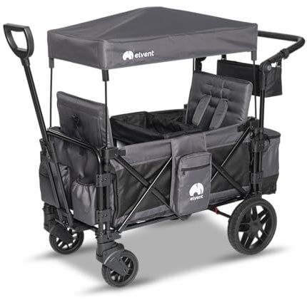 elvent® FamilyStar Comfort 2 Bollerwagen 2-Sitzer | Handwagen faltbar mit Dach, 5-Punkt-Gurt, Feststellbremse, 80 kg | Premium & Offroad X-Treme Räder (Premium)