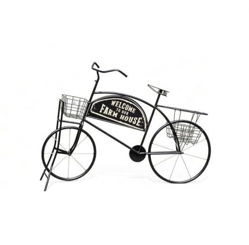 Hellery Porte Plante Vélo Extérieur Support Fleurs Chariot Jardinière Panier Fer Design Rustique Décor Vélo Métal avec Deux Paniers et Panneau Accueillant
