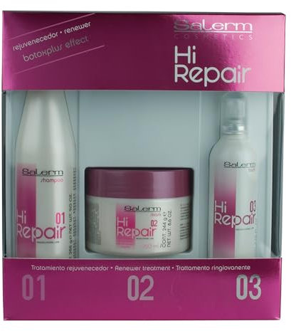 SALERM - Tratamiento Reparador Cabello Dañado - Pack Hi Repair con Champú 250 ml + Mascarilla 250 ml + Finish 100 ml - Hidratación Profunda Cabello Dañado - Revitaliza y Rejuvenece - Efecto Inmediato