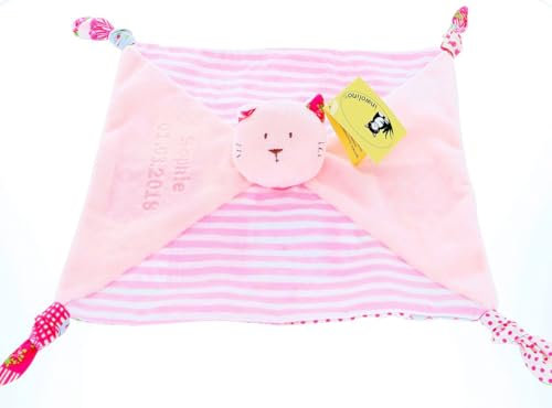 Schnuffeltuch, Schmusetuch, Spucktuch Katze pink mit Ihrem Wunschnamen und Geburtstag graviert Geschenk für Baby, Polyester