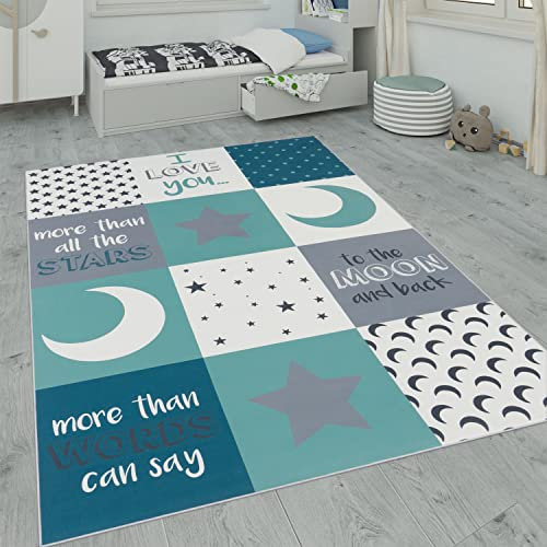Paco Home Kinderteppich, Kinderzimmer Teppich m. Stern, Mond u. Karo Motiven, Grösse:80x150 cm, Farbe:Türkis