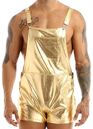 FEESHOW Herren Metallic Latzhose Wetlook Hotpants Hosenträger Hose Shorts Schlaghose Leggings Party Disco Pants Outfit Clubwear Gold L