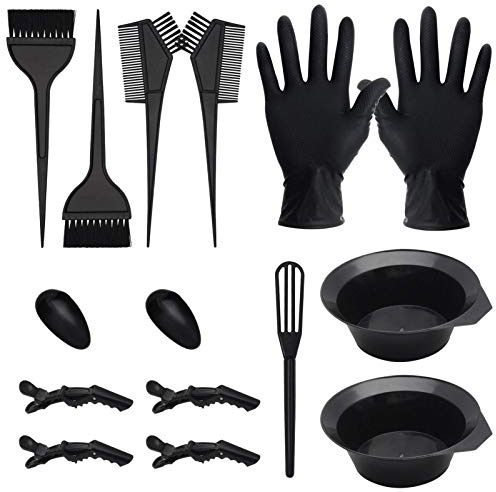 CREATESTAR Hair Dye Brush and Bowl Set, 15 PCS Professional Salon Hair Coloring Kit, DIY At-Home Dye Accessories with Tinting Bowl, Brush, Ear Covers, Gloves, Tint Comb, Agitator, Hairclips