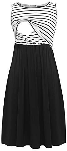 Smallshow Robe d'allaitement de Maternité sans Manches en Patchwork pour Femmes avec Poches White Stripe-Black XX-Large