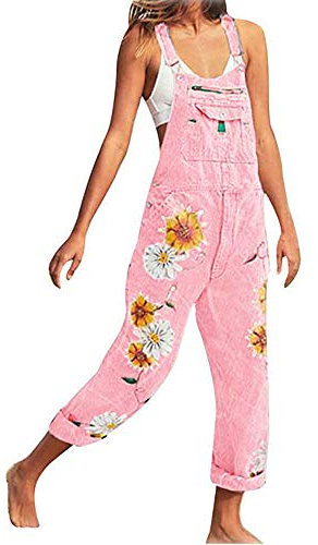 Morbuy Salopette Femme en Denim,Imprimé Fleur Combinaison de Travail Jeans Bretelles Pantalon Boyfriend Jumpsuit Pantalon Casual Lâche Longue Grande Taille Streetwear (S,Rose)