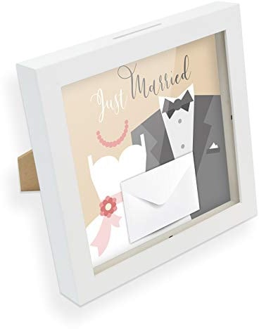 itenga Bilderrahmen Spardose – Geldgeschenk Rahmen mit Schlitz – Sparrahmen mit Umschlag – kreative Geschenkidee für Verschiedene Anlässe 20x20cm (Motiv Just Married Brautpaar)