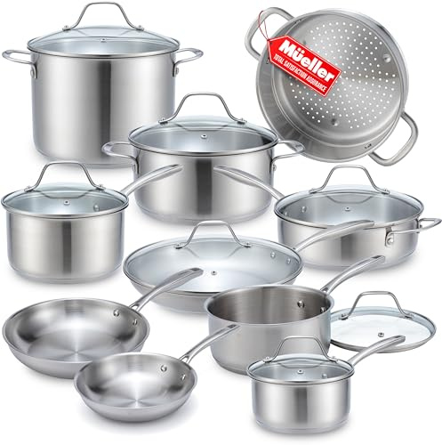 Mueller 17-Piece Stainless Steel Pots and Pans Set, Tri-Ply Ultra-Clad Pro