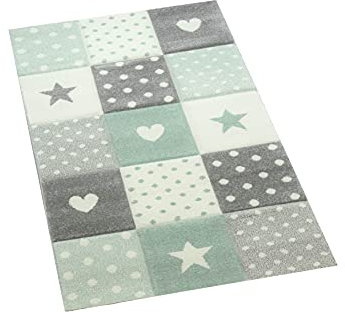 CARPETIA Kinderteppich Kinderzimmer Spiel Teppich Punkte Herz Stern Design grün grau Creme Größe 80x150 cm