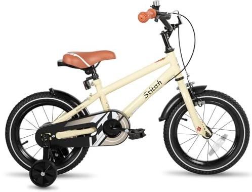 STITCH 14 Inch Kids Bike for 3-5 Ages Girls/Boys, 14 Wheels Bike for Boys With Stabilisers, Bike for 3 year old,Beige