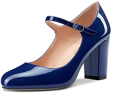 Saekcted Scarpe con Tacco Grosso Donne Mary Jane High Heels Punta Tonda Pumps Sposa 8CM Heel Blu Verniciata 37 EU