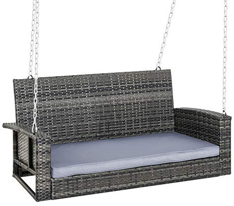 Outsunny Hängebank 2-Sitzer Rattan Gartenschaukel mit Sitzkissen Hängeschaukel Hollywoodschaukel Schaukelbank Gartenbank Grau 127 x 65 x 60 cm