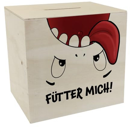 Spardose aus Holz mit Comicfigur und lustigem Spruch in weiß - Fütter Mich! lustige ComicSpardose aus Holz mit Mund zum Füttern für Kinder und Erwachsene die für einen größeren