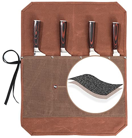 16OZ Waxed Canvas Knife Roll Bag - Heavy Duty Chef Knife Carrier with 4 Slots + Cut-Proof Protection, Stylish Two-Color Design in Brown & Grey for Chefs (52 x 42 cm)