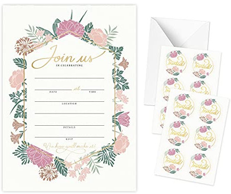 Rileys & Co. 50 All Occasion Invitation Cards with Envelopes and Bonus Stickers, Floral Party Invitations for Wedding, Anniversary, Baby Shower, 7x5 Inches (18 x 13 cm)