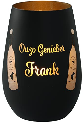 Goodtimes Windlicht Ouzo Genießer mit individuellem Namen Schwarz & Gold
